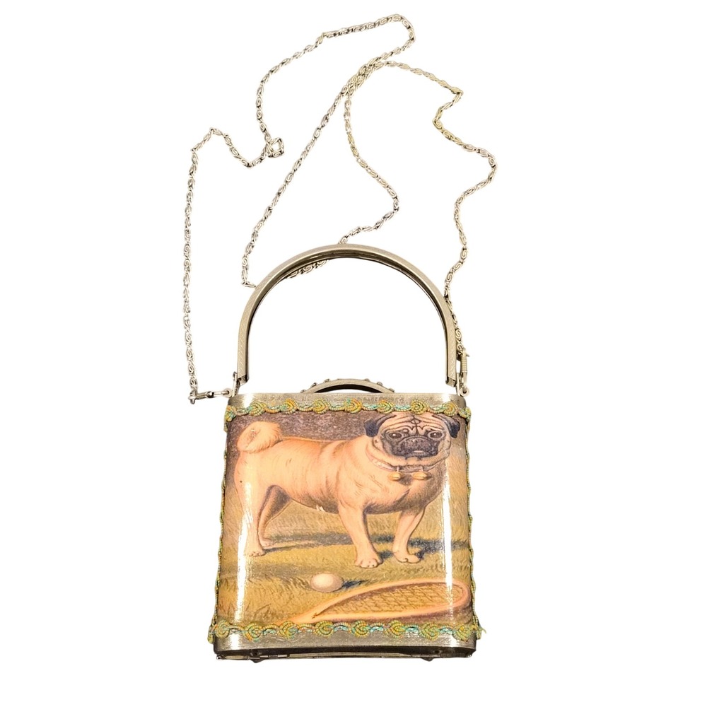 Vice Versa Vintage Pug Dog Hard Shell Box Bag Rhinestone Handle Chain Strap